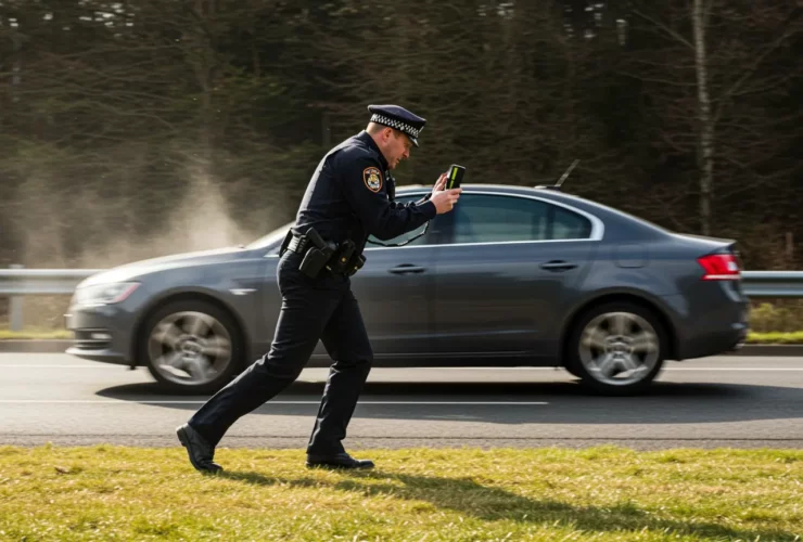 Gyorshajtás kalkulátor, rendőr sebességet mér egy elhaladó autó mellett az útszélén