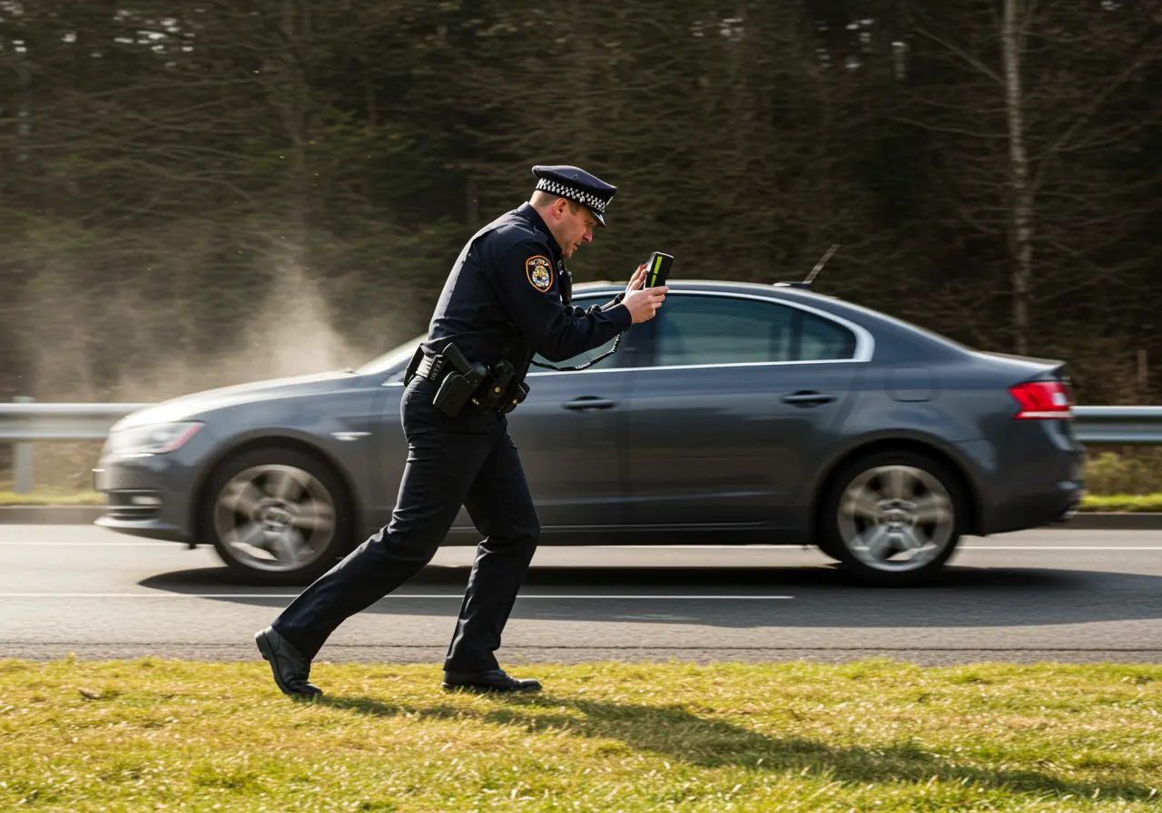 Gyorshajtás kalkulátor, rendőr sebességet mér egy elhaladó autó mellett az útszélén